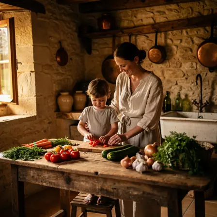 femme apprenant la cuisine traditionnelle française dans une cuisine chaleureuse et lumineuse