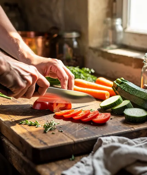 mains préparant des aliments sur un plan de travail en cuisine avec lumière naturelle