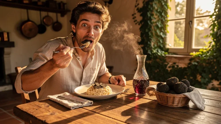 Jeune homme ébloui découvrant la truffe à Sorges lors d'un repas authentique et gastronomique