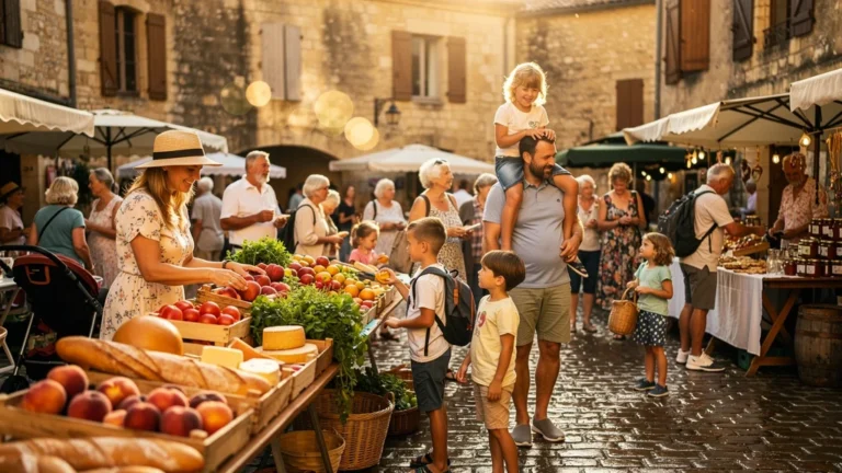 Marché de Sarlat en pleine saison avec familles profitant d’une ambiance authentique et conviviale