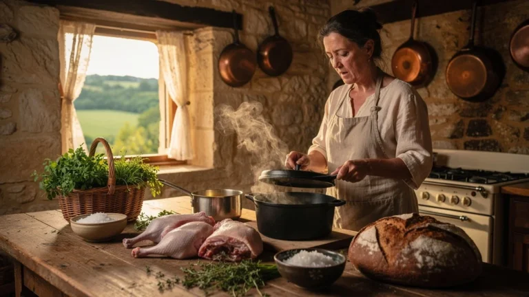 Cuisine rustique à Domme avec cuisson de confit ratée dans la cuisine familiale de ma tante