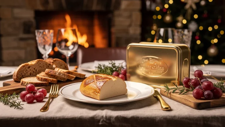 Foie gras mi-cuit et entier en boîte sur une table de Noël élégante, choix gastronomique après trois fêtes