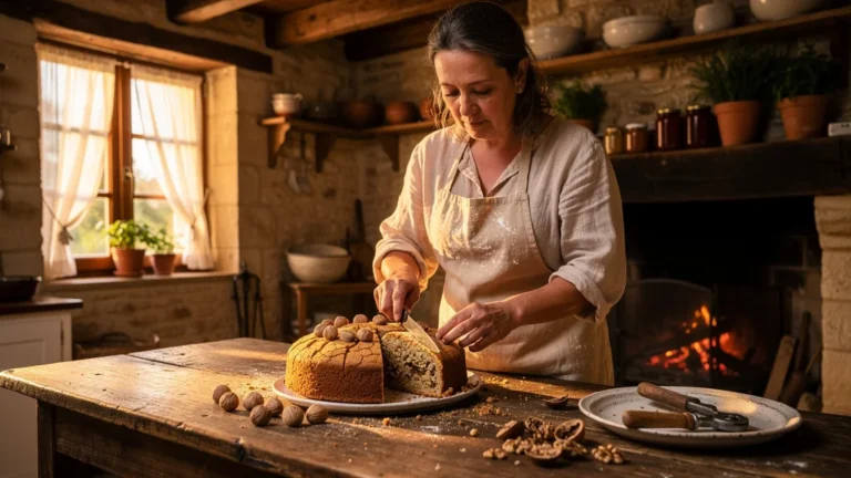 Deux variétés de noix du Périgord dans un gâteau artisanal testé chez mes parents en cuisine rustique