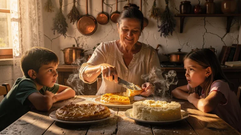 Famille dégustant la mique à la graisse et à l'eau dans une cuisine rustique chaleureuse