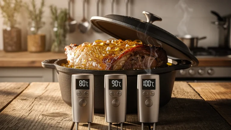 Cocotte avec confit mesuré à 80°C, 90°C et 100°C pour tester le rendu parfait en cuisson lente