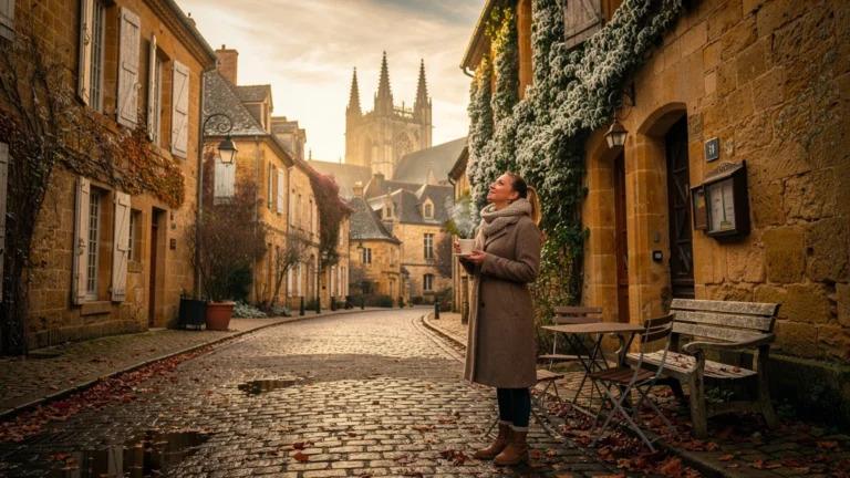 Rue pittoresque de Sarlat hors saison avec une voyageuse en manteau, ambiance paisible et lumière dorée d'automne