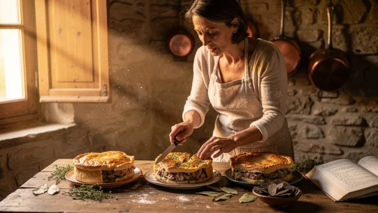 Trois tourtières périgourdines dorées sur table rustique, cuisson parfaite après trois essais
