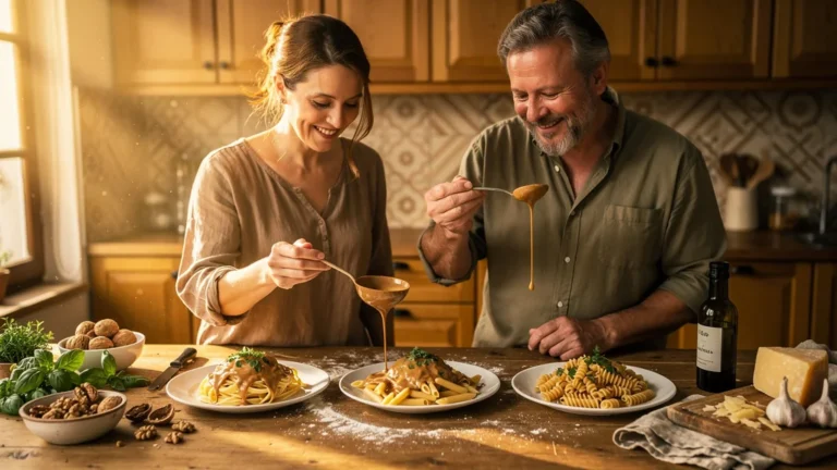 Couple testant une sauce à la noix sur trois types de pâtes dans une cuisine chaleureuse et lumineuse