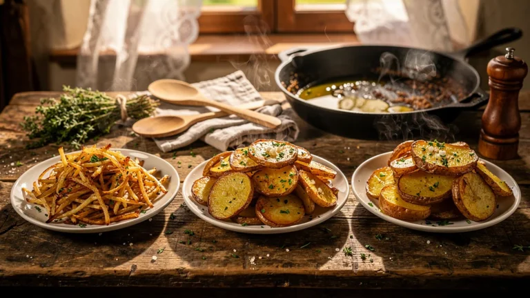 Trois assiettes de pommes sarladaises avec différentes épaisseurs de cuisson sur une table rustique en cuisine