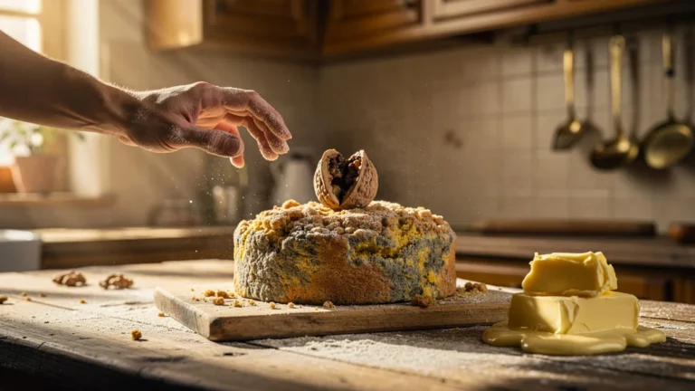 Photo hyper-réaliste d’un gâteau gâché par une noix rance et 12€ de beurre perdu