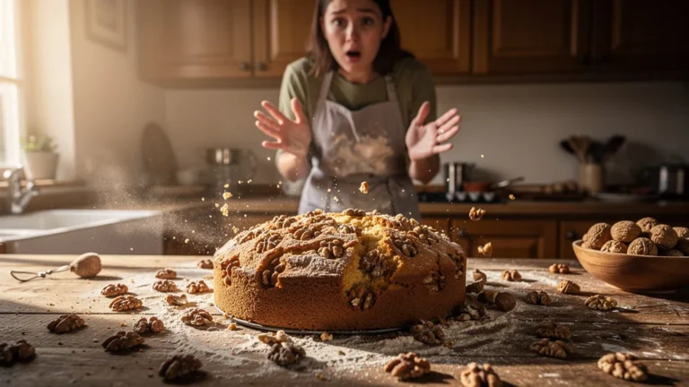 Moment de surprise en cuisine avec un gâteau aux noix lancé sans peler, éclats de coquilles visibles