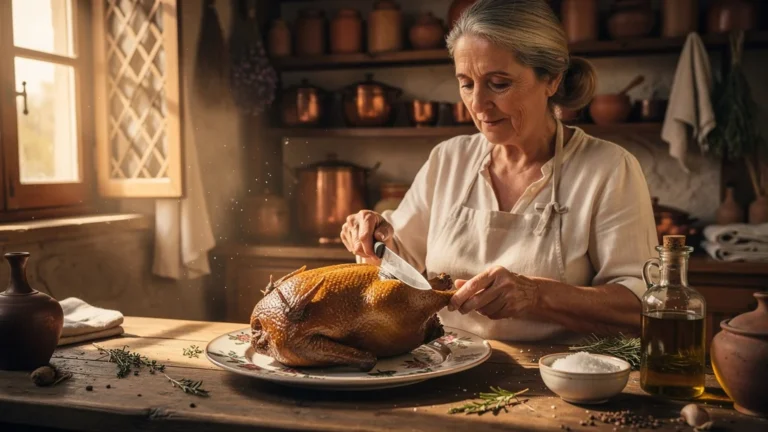 Photo réaliste d’un confit de canard à la peau croustillante tranché par une grand-mère experte