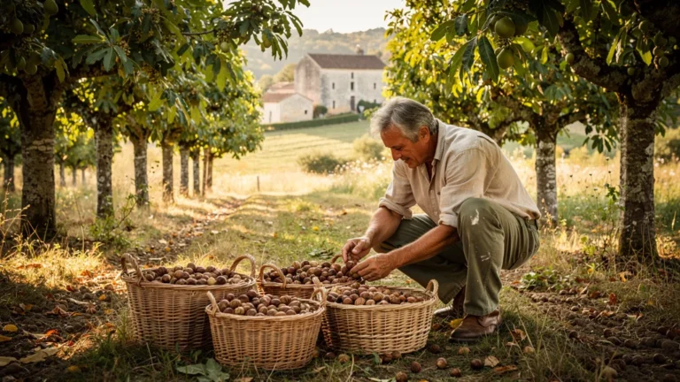 Photographie réaliste d'une récolte de noix du Périgord authentique dans un verger ensoleillé