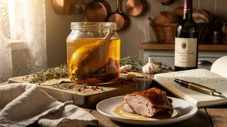Bocal de confit de canard artisanal posé sur une table rustique avec notes de dégustation et ambiance gourmande