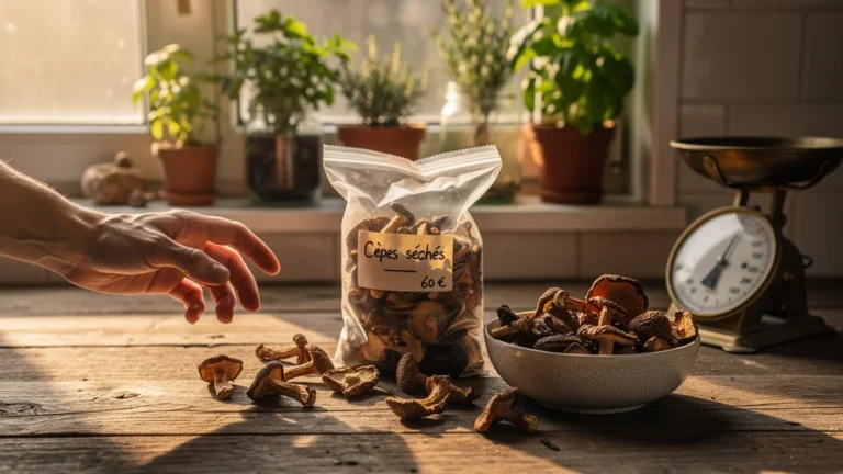 Erreur à 60€ sur sachet de cèpes séchés mal reconstitué avec champignons détériorés sur table en bois