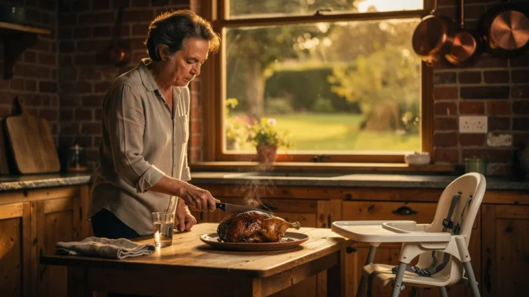 Parent triste près d’un magret de canard non touché, ambiance chaleureuse et réaliste en cuisine rustique