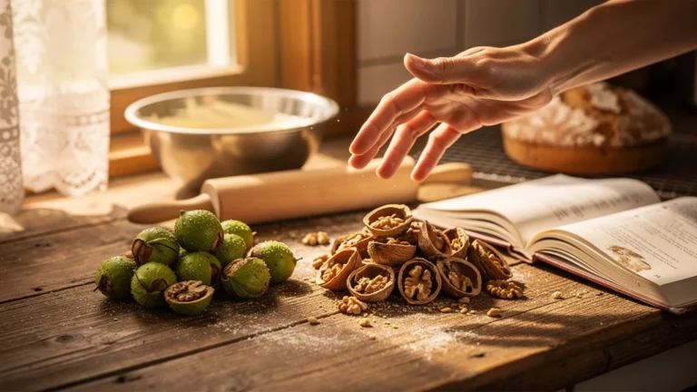 Comparaison ultra-réaliste noix fraîches et sèches pour gâteau dans une cuisine rustique lumineuse