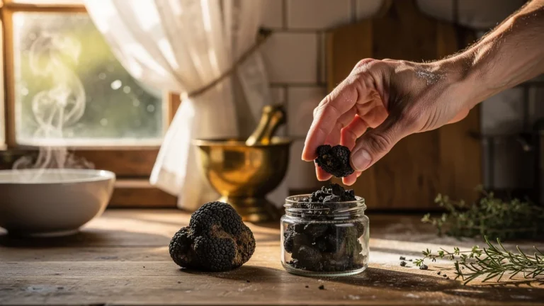 Comparaison réaliste entre truffe fraîche et brisures en bocal dans une cuisine rustique éclairée naturellement