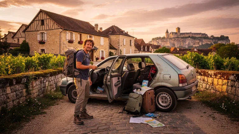 Touriste fatigué et paysage entre Sarlat et Rocamadour symbolisant 180 € de gâchis en deux jours