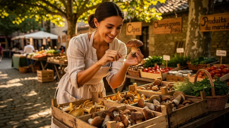 Hôtesse à Saint-Cyprien montrant un cèpe frais au marché, conseils experts pour choisir des cèpes