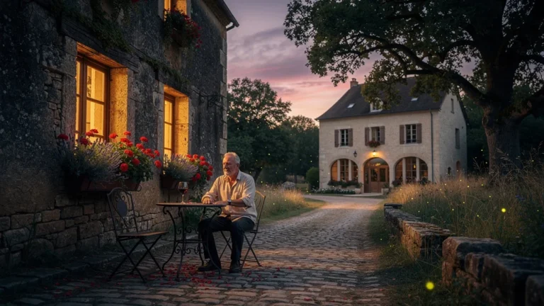 Auberge de village en Périgord Noir au coucher de soleil, ambiance estivale et contraste architectural avec le Quercy voisin