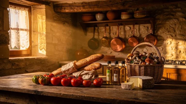Cuisine rustique sans plaque de cuisson dans un gîte du Périgord avec courses posées sur un plan de travail en bois
