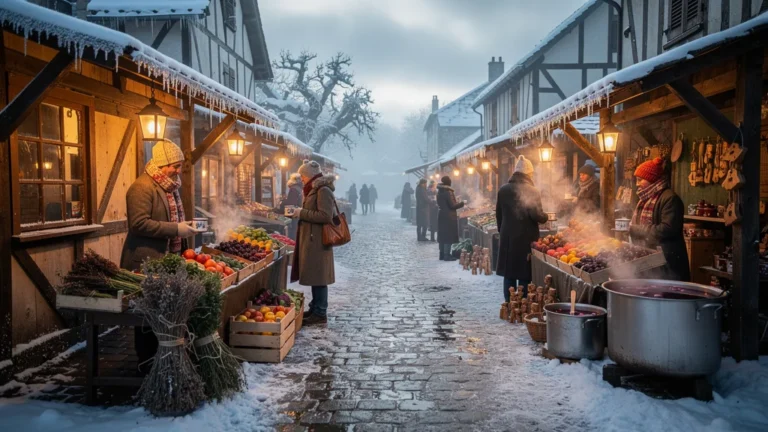 Marché d'hiver du Buisson sous la neige avec stands artisanaux et lumière chaude en ambiance réaliste