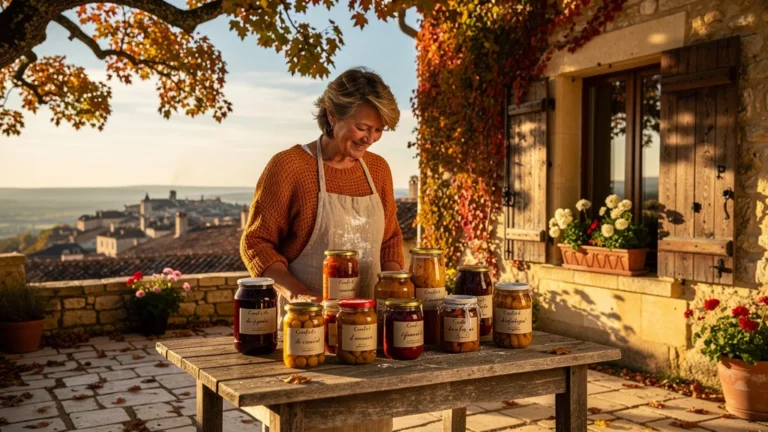 Automne en chambre d'hôtes à Domme avec confits artisanaux sur table en bois rustique