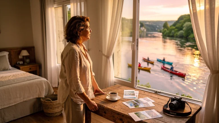 Chambre vue Dordogne avec passage de canoës sur la rivière en contrebas au lever du jour