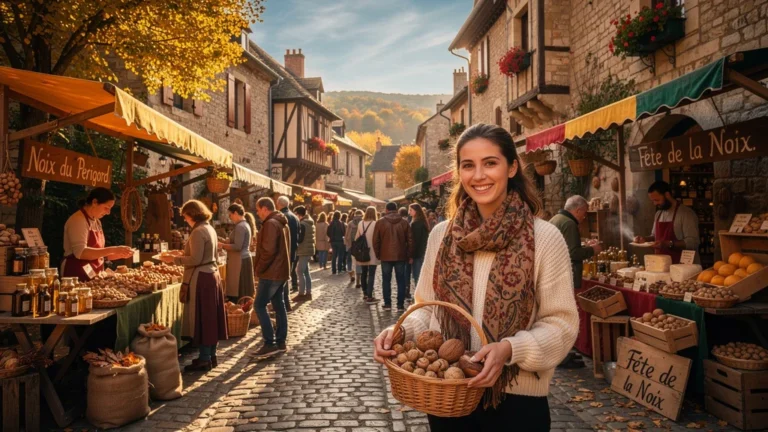 Première fête de la noix à Martel dans un marché animé et chaleureux ensoleillé en automne
