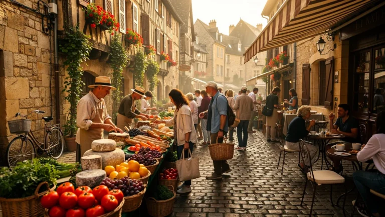 Marché de Sarlat samedi matin avec stands colorés et ambiance animée en plein air