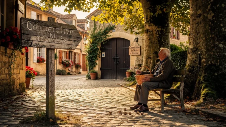 Regret à Domme devant la coopérative noix fermée à cause des horaires, ambiance village médiéval paisible
