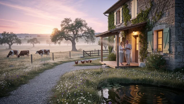 Vue au lever du jour d’une ferme chambres d’hôtes sur le causse de Daglan, immersion rurale paisible