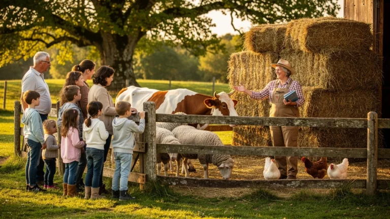 Ferme pédagogique près de Sarlat avec enfants et animaux au milieu de la paille humide et verdure