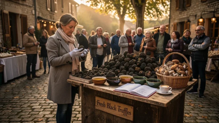 Week-end truffe à Sorges : marché matinal avec truffes, visiteurs et ambiance authentique en lumière dorée
