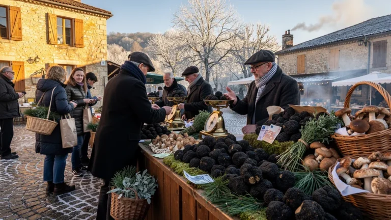 Marché aux truffes de Sainte-Alvère en janvier, ambiance hivernale authentique et échanges locaux traditionnels