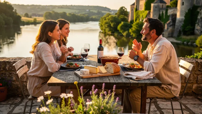 Trois nuits près de Beynac avec changement des habitudes culinaires sur une terrasse rustique au coucher du soleil