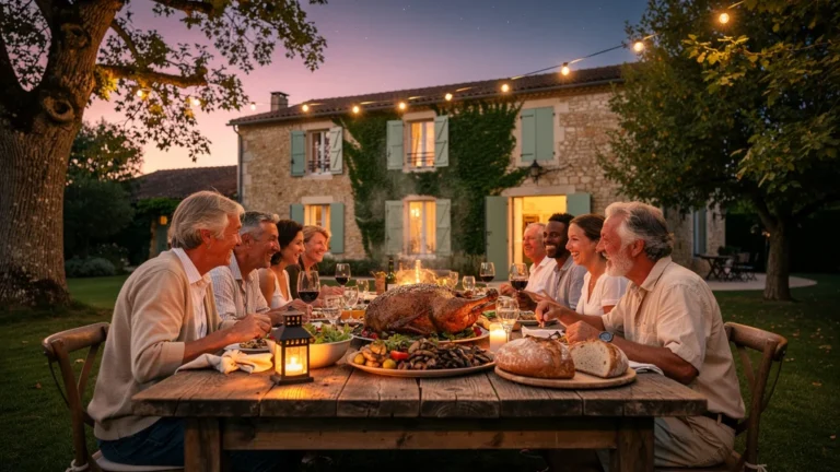 Dîner à la ferme-auberge de Vitrac avec un plat d’oie traditionnel du Périgord sous lumière dorée