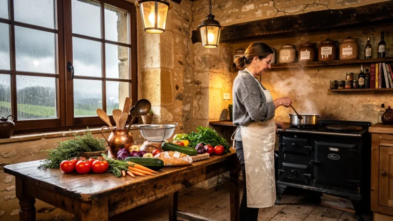 Séjour pluvieux en gîte à Carlux, cuisine conviviale et atmosphère chaleureuse propice à la cuisine longue