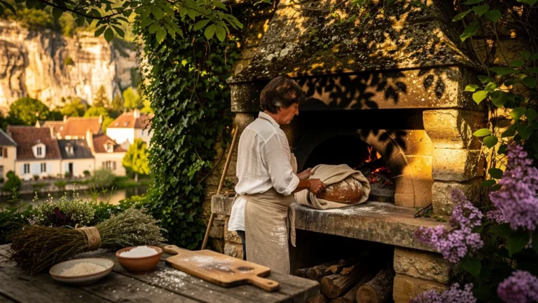 Four traditionnel à La Roque-Gageac avec enchaud périgourdin en cuisson dans un gîte rustique