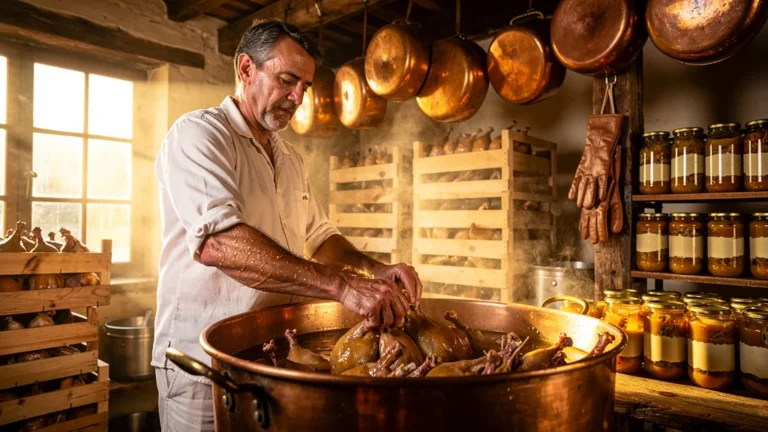 Artisan travaillant les cuisses en confit dans une conserverie traditionnelle de Salignac, mains plongées dans le confit