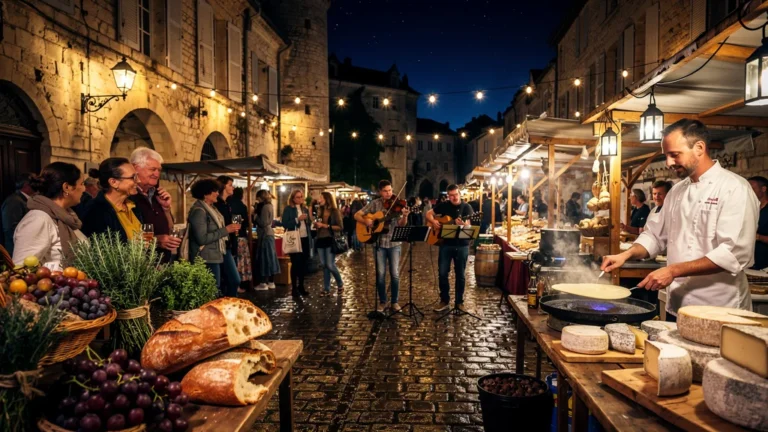 Marché nocturne gourmand à Belvès illuminé, ambiance chaleureuse et produits artisanaux en plein air