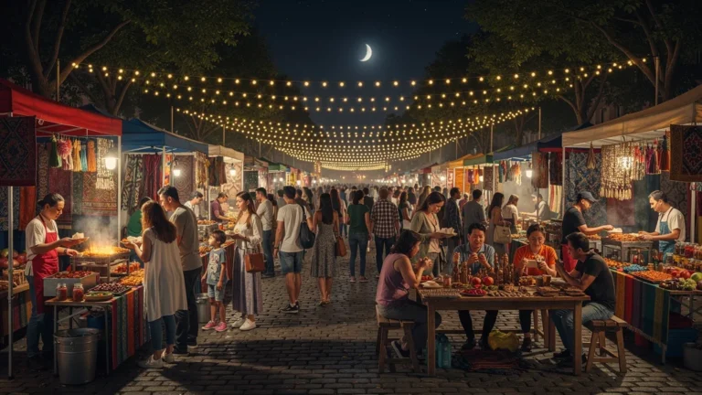 Marché nocturne complet en août animé par des stands colorés et foule vibrante sous éclairage chaleureux