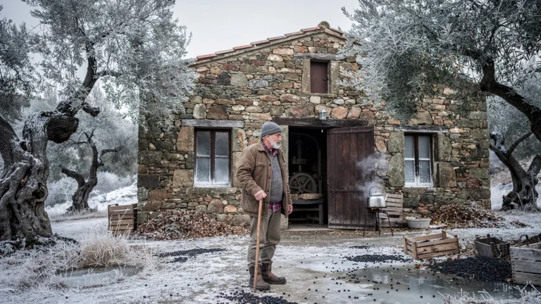 Fermeture hivernale d’un moulin à huile traditionnel avec un fermier pensif en hiver