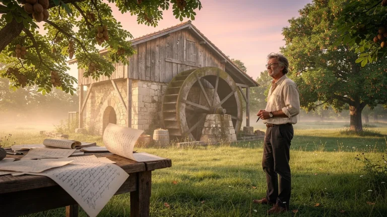 Matin au moulin à huile de noix de Sainte-Nathalène avec lumière dorée et ambiance paisible