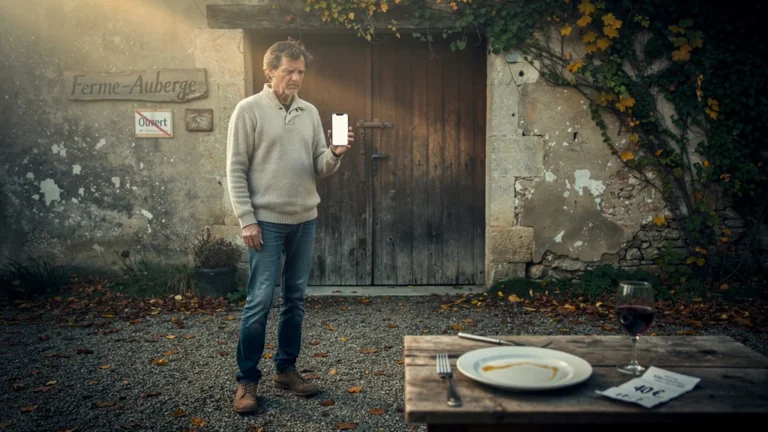 Personne déçue devant ferme-auberge fermée après un repas manqué à 40 € le dimanche