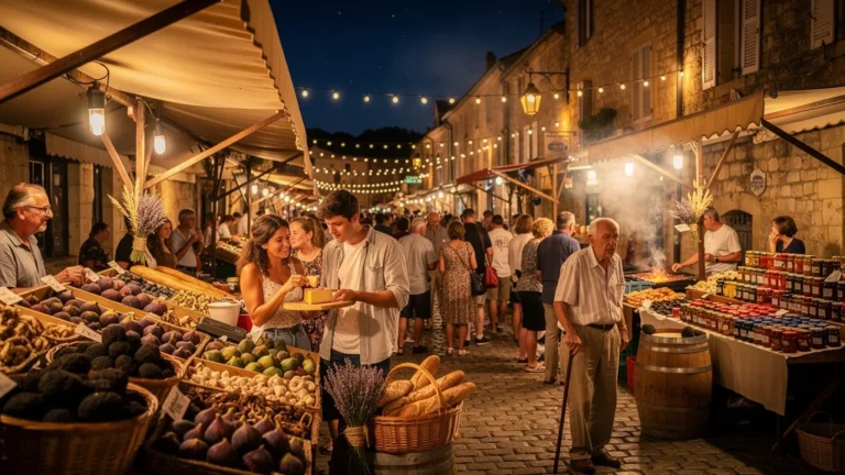 Marché nocturne bondé en été dans le Périgord Noir sous lumière chaude et ambiance animée