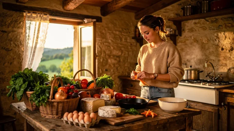 Quatre paniers fermiers cuisinés en gîte à Castelnaud avec matériel limité, ambiance rustique et fraîcheur