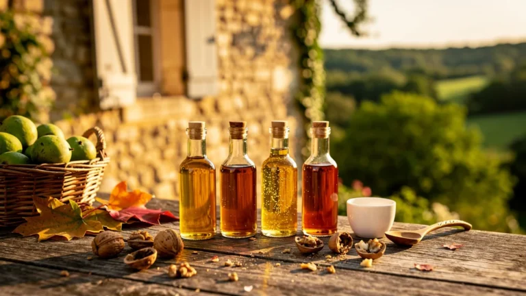 Test de quatre huiles de noix du Périgord au gîte de Belvès avec bouteilles et noix fraîches