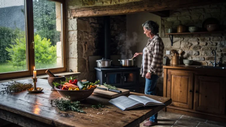 Vue réaliste d’un gîte à Limeuil sous la pluie, cuisine rustique et ambiance cocooning pour cuisine longue